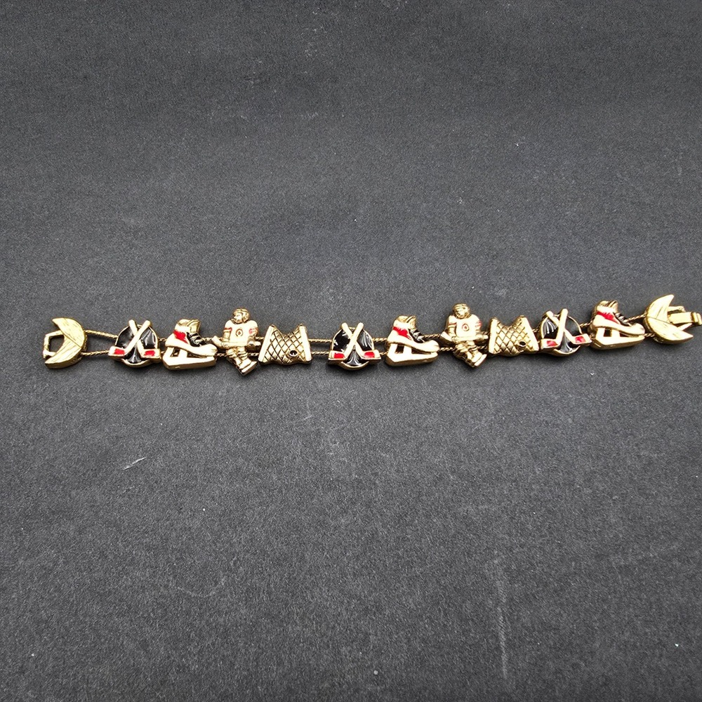 Vintage Gold Tone Ice Hockey Charm Bracelet Enamel Skates Player Net 7.25 Inch